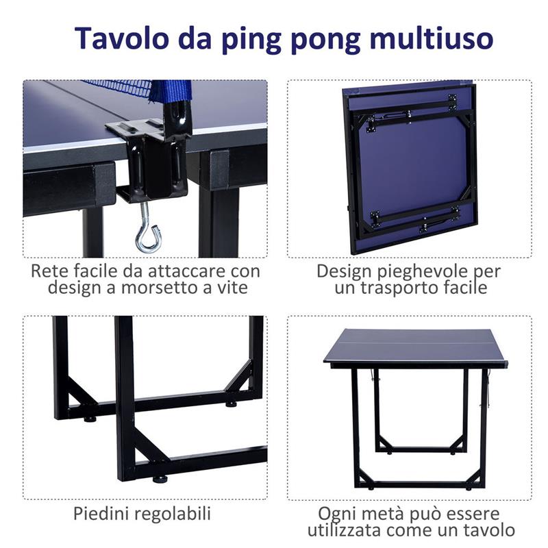TAVOLO DA PING PONG PIEGHEVOLE  CON RETE DA GIOCO IN ACCIAIO E MDF 182X91X76CM