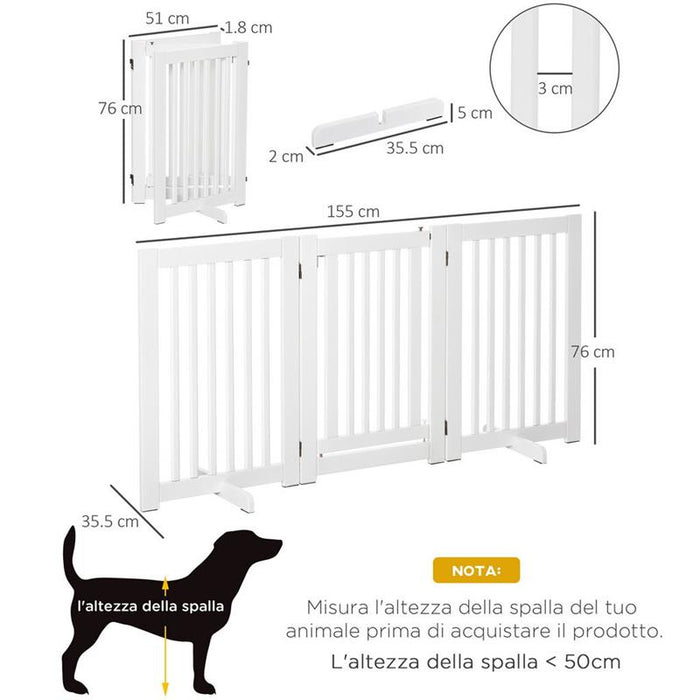 CANCELLINO PER CANI PIEGHEVOLE A 3 PANNELLI, PORTA CENTRALE CON BLOCCO, STRUTTURA IN MDF, 155X76CM BIANCO