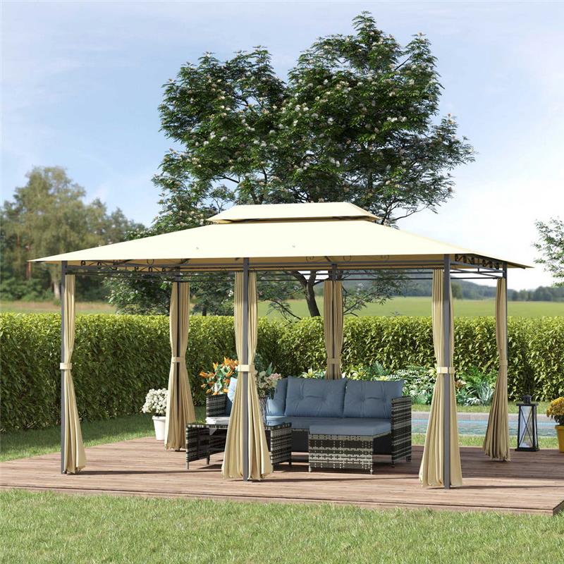 GAZEBO DA GIARDINO 3X4 M CON TENDE E TETTO A 2 LIVELLI BIANCO CREMA