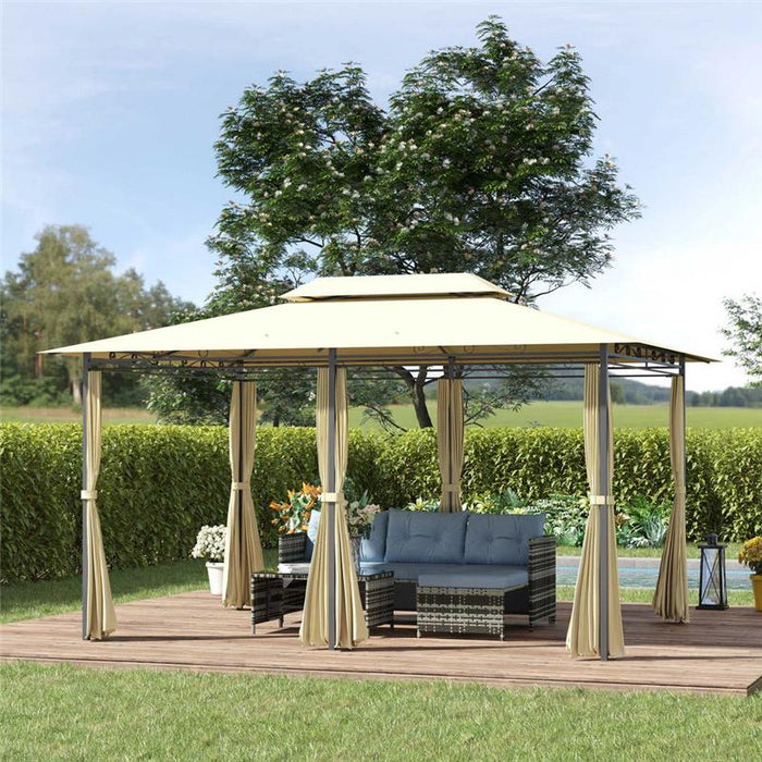 GAZEBO DA GIARDINO 3X4 M CON TENDE E TETTO A 2 LIVELLI BIANCO CREMA