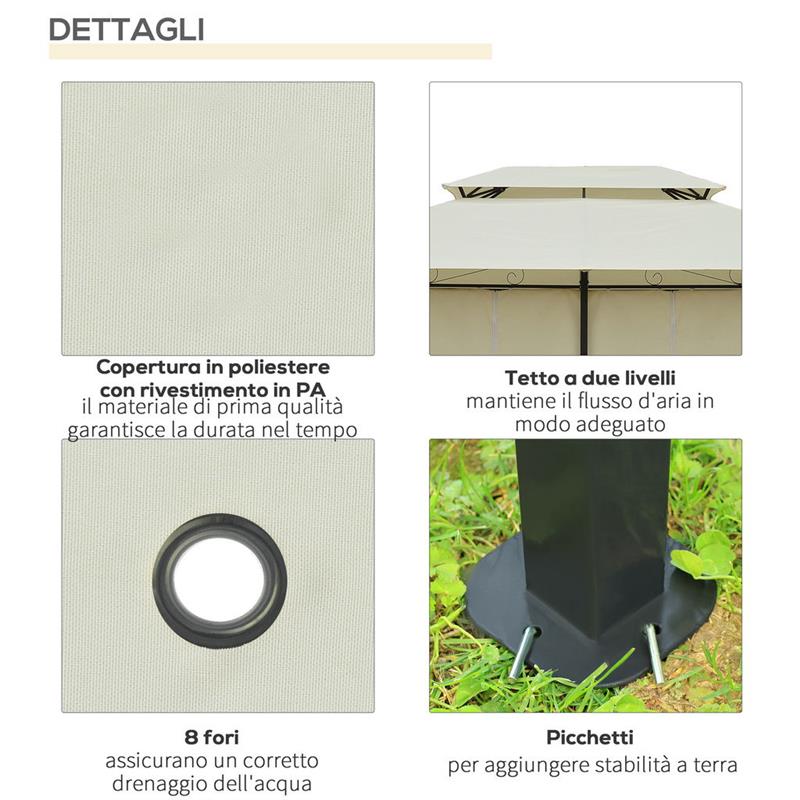 GAZEBO DA GIARDINO 3X4 M CON TENDE E TETTO A 2 LIVELLI BIANCO CREMA