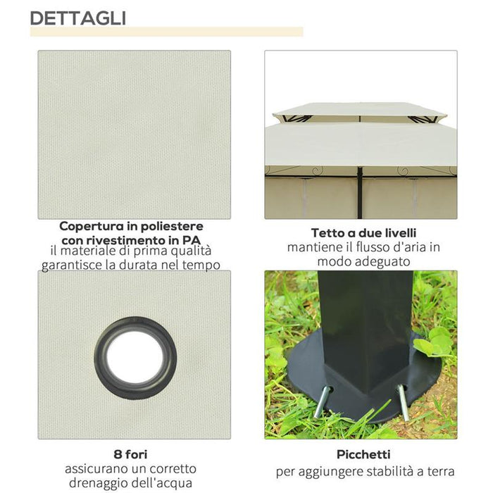 GAZEBO DA GIARDINO 3X4 M CON TENDE E TETTO A 2 LIVELLI BIANCO CREMA