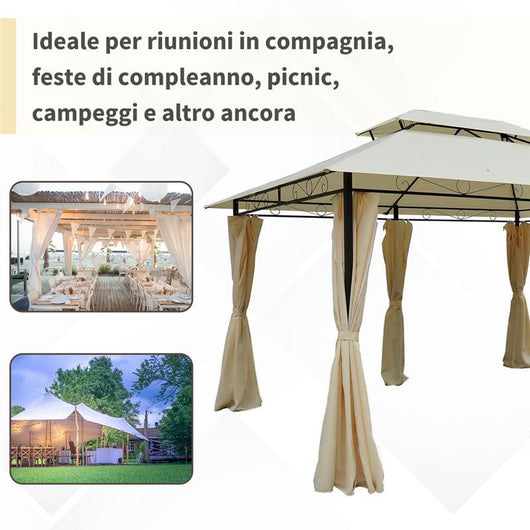 GAZEBO DA GIARDINO 3X4 M CON TENDE E TETTO A 2 LIVELLI BIANCO CREMA