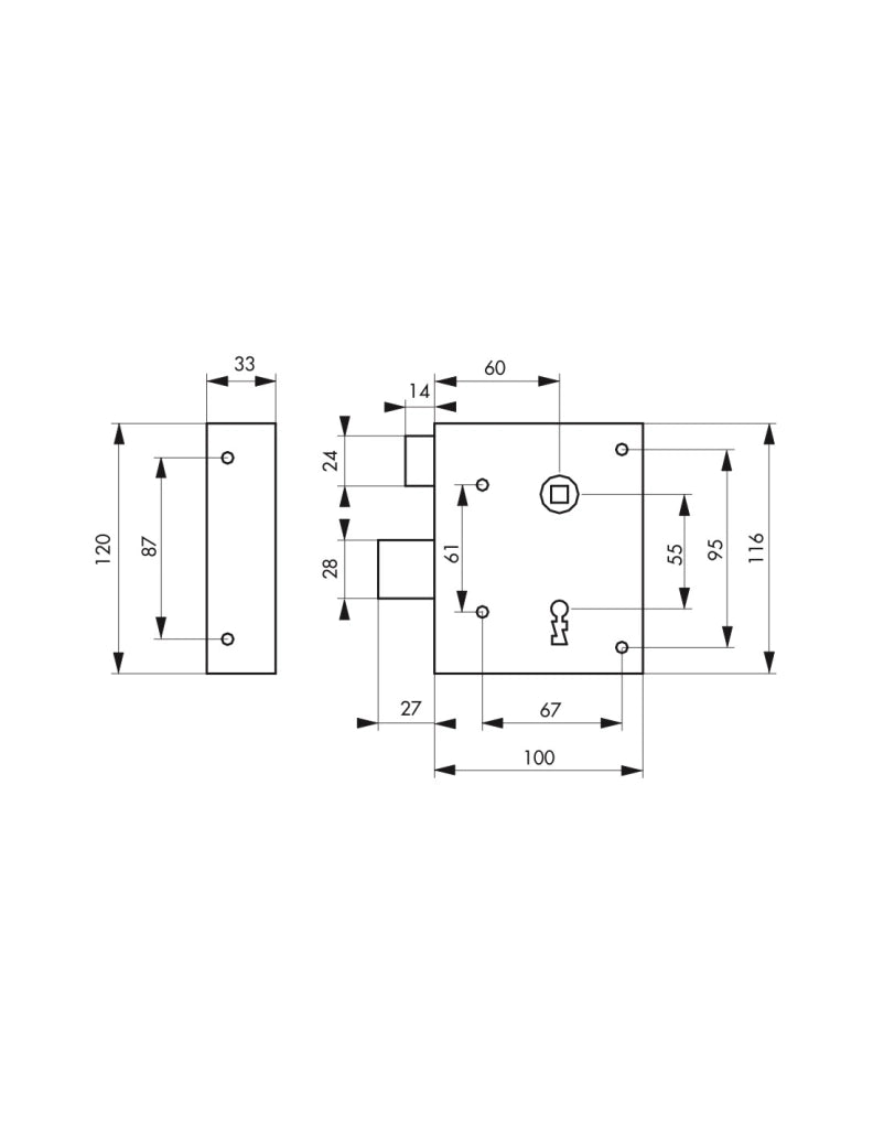 Serratura da applicare Alsace con chiave per porte interne, spinta a sinistra, quadro 8mm, asse 60mm, 110x70mm, 2 chiavi - THIRARD