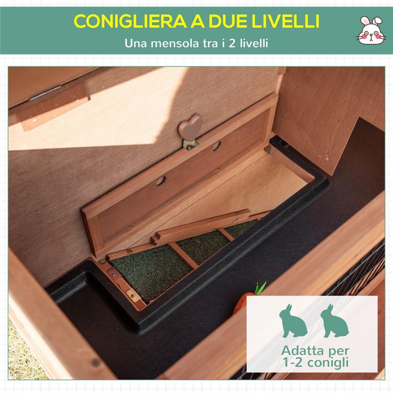 CONIGLIERA IN LEGNO A 2 LIVELLI CON RUOTE VASSOIO ESTRAIBILE 122X50X101CM