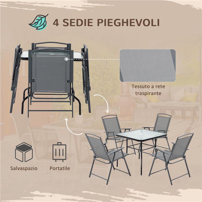 SET TAVOLO CON 4 SEDIE DA GIARDINO PIEGHEVOLI E FORO PER OMBRELLONE NERO