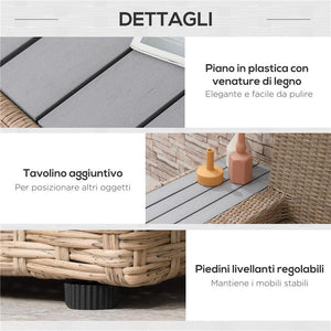 SET DA GIARDINO 4 PEZZI IN RATTAN, DIVANO ANGOLARE CON CUSCINI E TAVOLINI, NERO E MARRONE CHIARO
