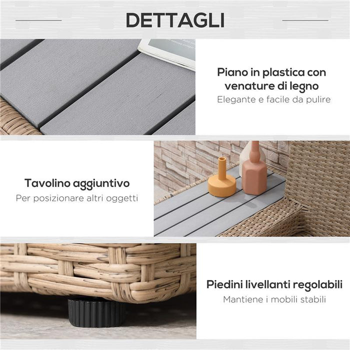 SET DA GIARDINO 4 PEZZI IN RATTAN, DIVANO ANGOLARE CON CUSCINI E TAVOLINI, NERO E MARRONE CHIARO