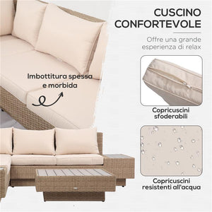 SET DA GIARDINO 4 PEZZI IN RATTAN, DIVANO ANGOLARE CON CUSCINI E TAVOLINI, NERO E MARRONE CHIARO