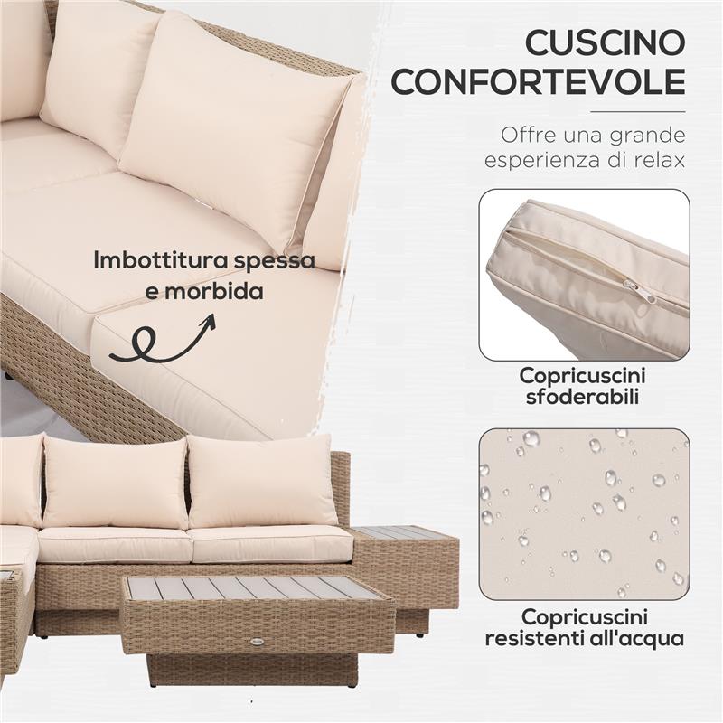 SET DA GIARDINO 4 PEZZI IN RATTAN, DIVANO ANGOLARE CON CUSCINI E TAVOLINI, NERO E MARRONE CHIARO