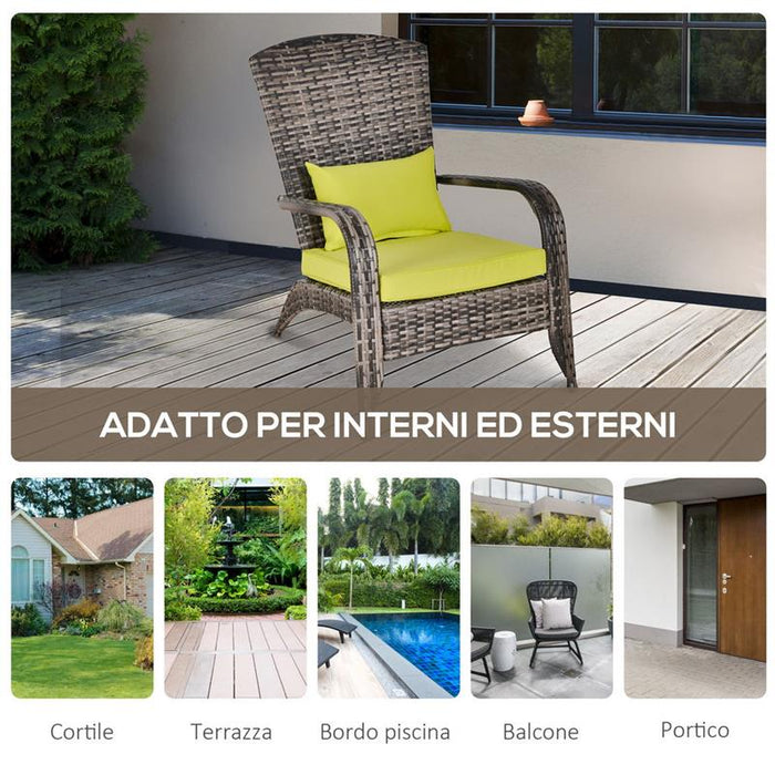 POLTRONA DA GIARDINO IN RATTAN CON BRACCIOLI E CUSCINI IMBOTTITI GRIGIA E VERDE