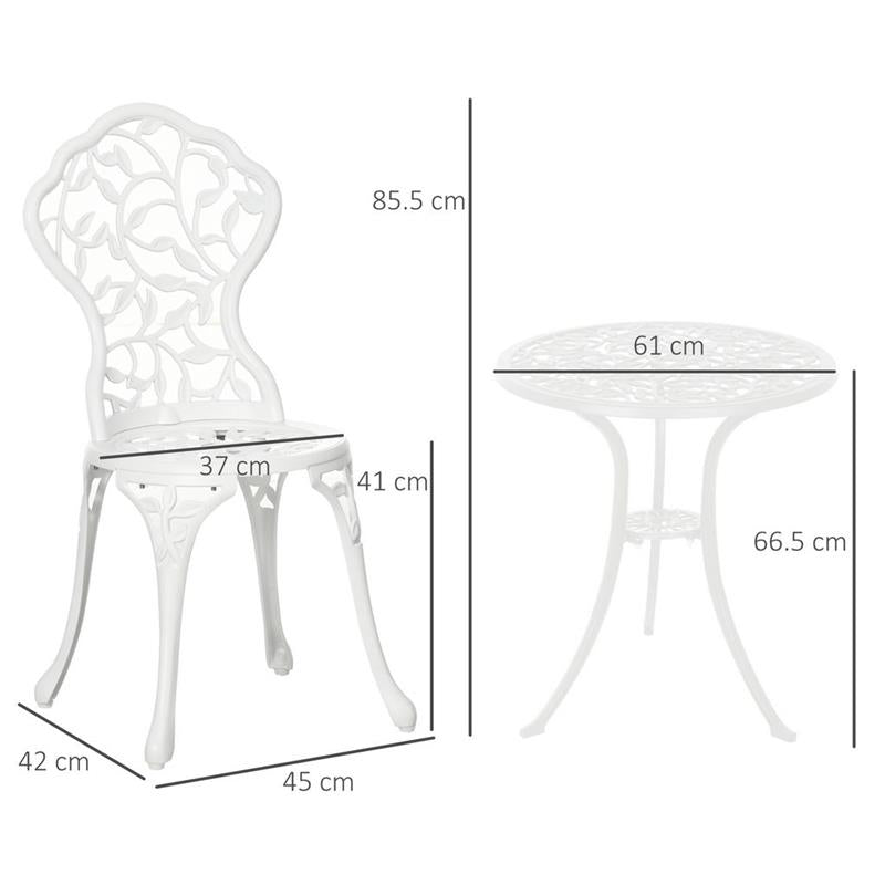 SET DA GIARDINO IN ALLUMINIO BIANCO 2 SEDIE 45X42X85.5 CM E TAVOLINO ROTONDO Ø61X66.5 CM