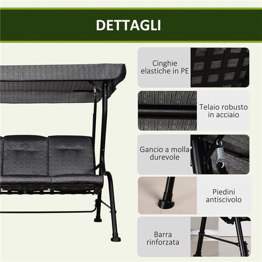 DONDOLO DA GIARDINO PER 3 PERSONE CON TETTUCCIO REGOLABILI 200X120X170CM NERO