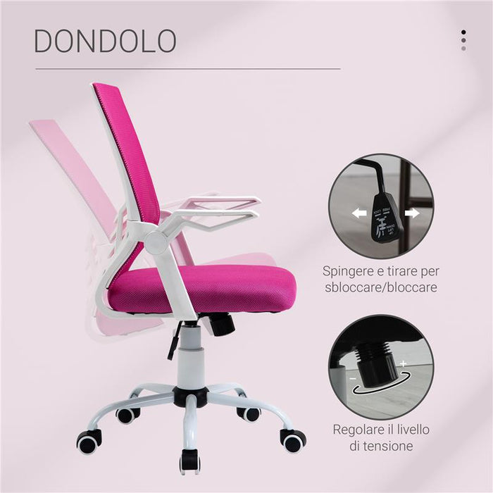 SEDIA DA UFFICIO ERGONOMICA CON BRACCIOLI E SUPPORTO LOMBARE, POLTRONA UFFICIO GIREVOLE E ALTEZZA REGOLABILE IN TESSUTO ROSA