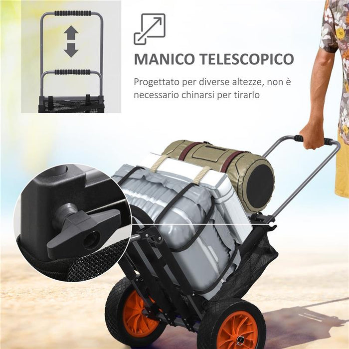 CARRELLO DA SPIAGGIA PIEGHEVOLE CON TASCA IN RETE, MANICO TELESCOPICO E CAVALLETTO, 82X67X81 CM