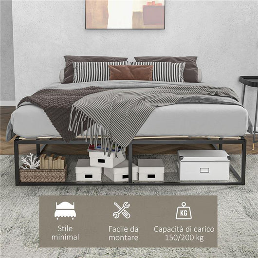 STRUTTURA LETTO CON DOGHE IN COMPENSATO E CONTENITORE INFERIORE, 190X160X35CM, NERO E COLORE LEGNO