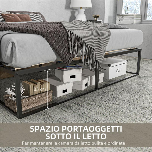 STRUTTURA LETTO CON DOGHE IN COMPENSATO E CONTENITORE INFERIORE, 190X160X35CM, NERO E COLORE LEGNO