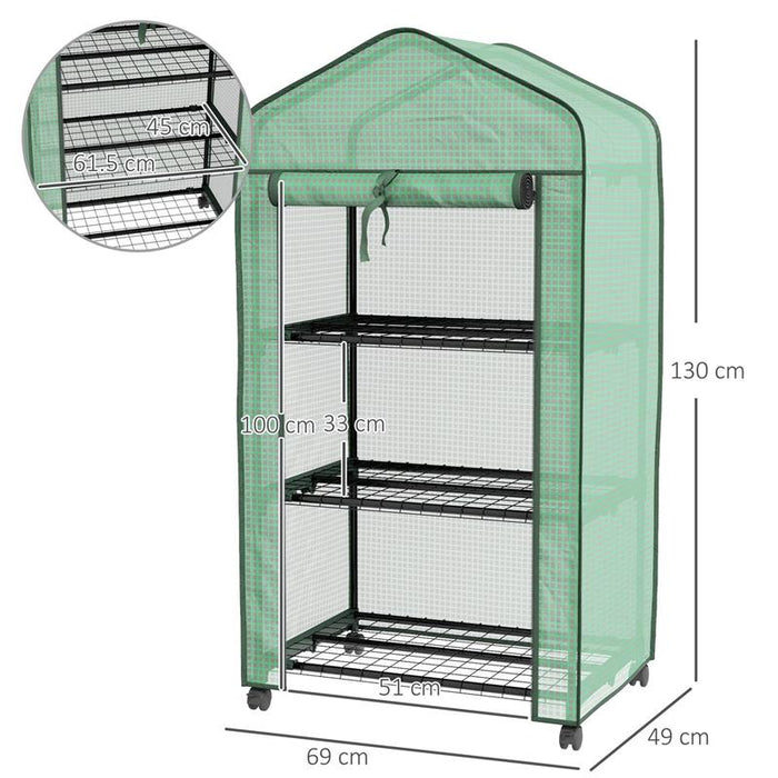 MINI SERRA DA GIARDINO CON COPERTURA IN PE, 3 RIPIANI E RUOTE, 69X49X130CM, VERDE