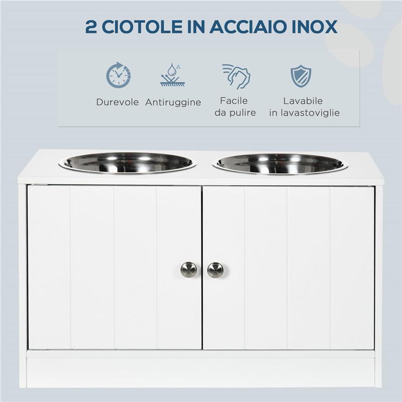 CIOTOLE PER CANI RIALZATE CON ARMADIETTO DA 44L E 2 CIOTOLE IN ACCIAIO, 60X30X35.5CM, BIANCO