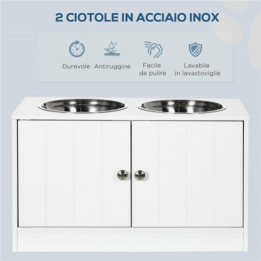 CIOTOLE PER CANI RIALZATE CON ARMADIETTO DA 44L E 2 CIOTOLE IN ACCIAIO, 60X30X35.5CM, BIANCO