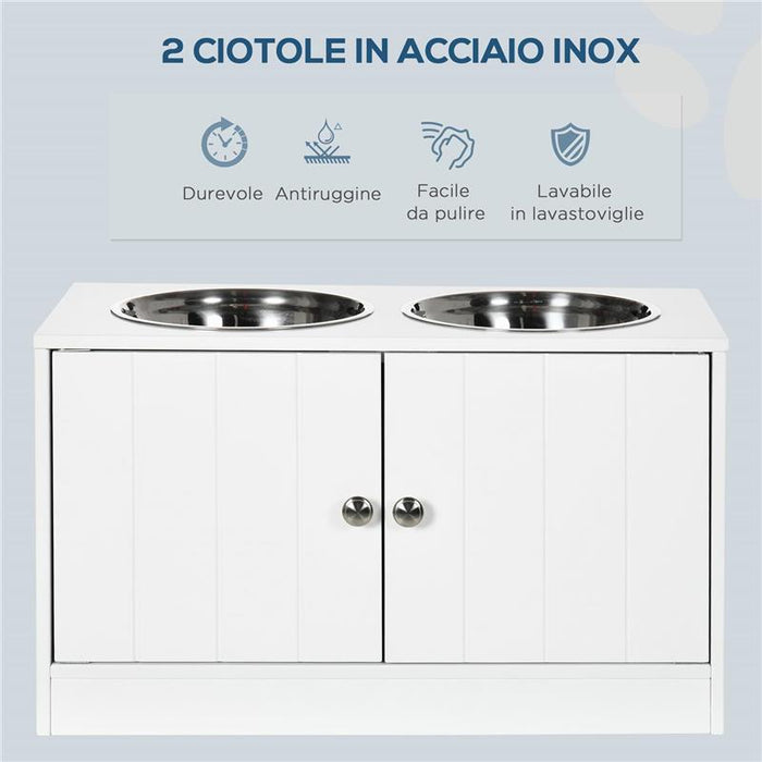 CIOTOLE PER CANI RIALZATE CON ARMADIETTO DA 44L E 2 CIOTOLE IN ACCIAIO, 60X30X35.5CM, BIANCO