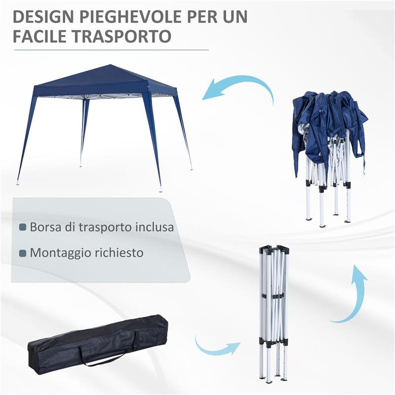 GAZEBO PIEGHEVOLE DA GIARDINO 2.4X2.4M CON STRUTTURA IN ACCIAIO E CORDE ANTIVENTO, BLU