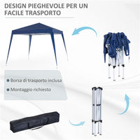 GAZEBO PIEGHEVOLE DA GIARDINO 2.4X2.4M CON STRUTTURA IN ACCIAIO E CORDE ANTIVENTO, BLU