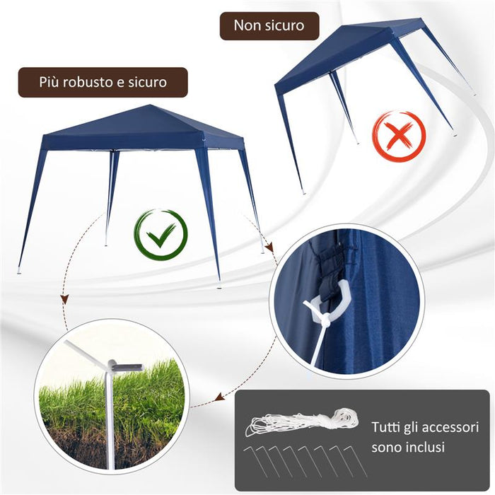 GAZEBO PIEGHEVOLE DA GIARDINO 2.4X2.4M CON STRUTTURA IN ACCIAIO E CORDE ANTIVENTO, BLU