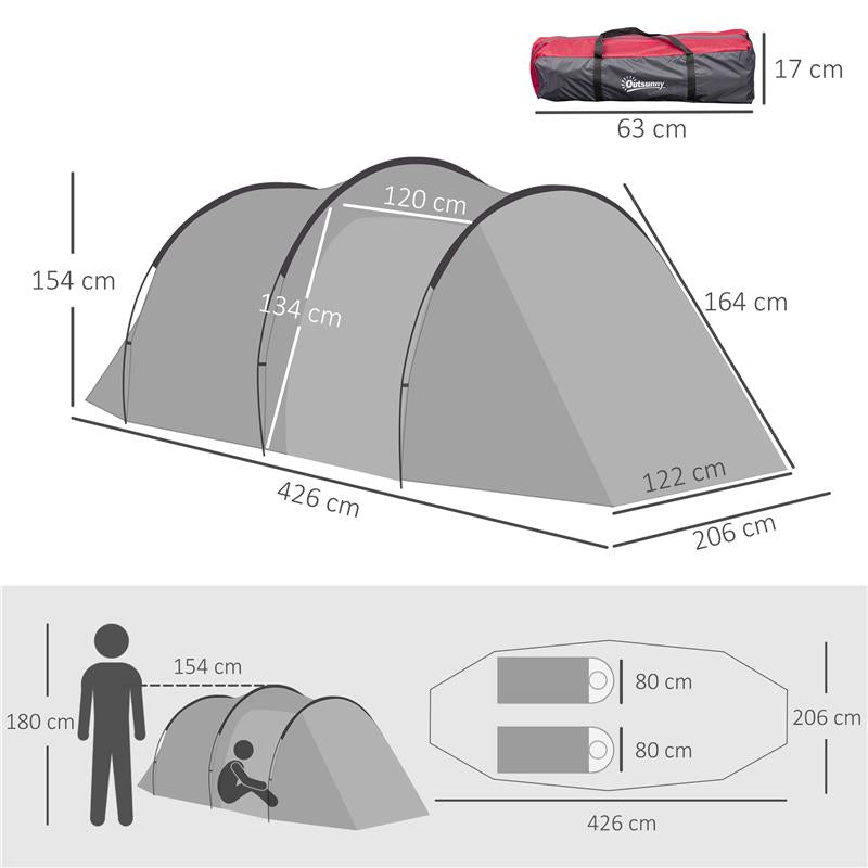 TENDA DA CAMPEGGIO 2 POSTI CON VESTIBOLO E PORTE CON CERNIERA, 426X206X154CM GRIGIO