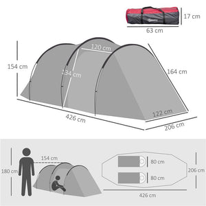 TENDA DA CAMPEGGIO 2 POSTI CON VESTIBOLO E PORTE CON CERNIERA, 426X206X154CM GRIGIO