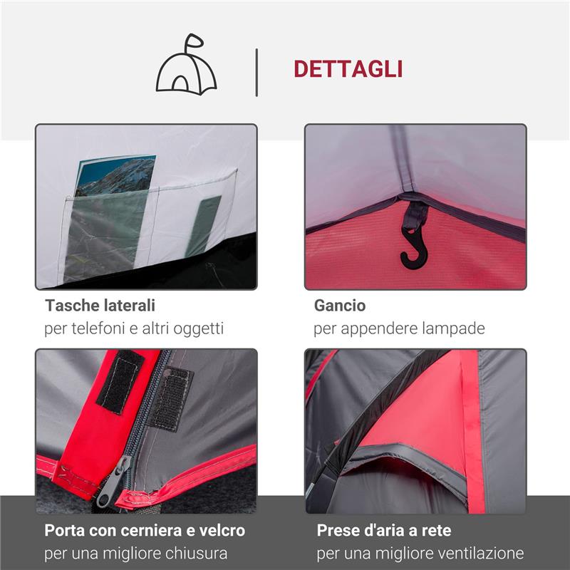 TENDA DA CAMPEGGIO 2 POSTI CON VESTIBOLO E PORTE CON CERNIERA, 426X206X154CM GRIGIO