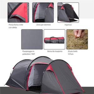 TENDA DA CAMPEGGIO 2 POSTI CON VESTIBOLO E PORTE CON CERNIERA, 426X206X154CM GRIGIO