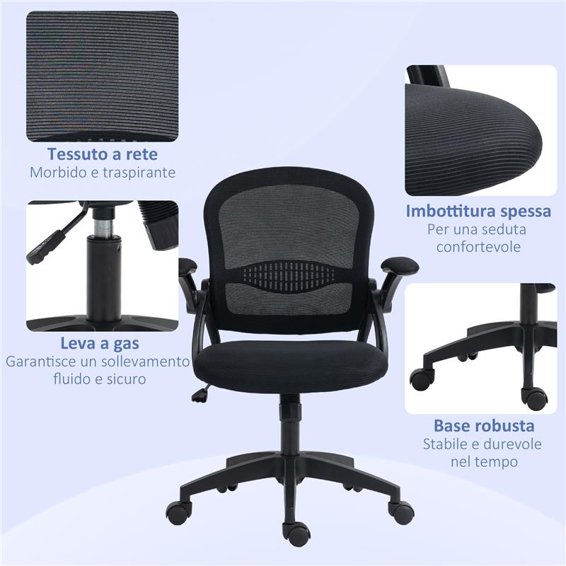 SEDIA DA UFFICIO ERGONOMICA CON SCHIENALE A RETE E ALTEZZA REGOLABILE, 65.5X61.5X88-97.5CM, NERO