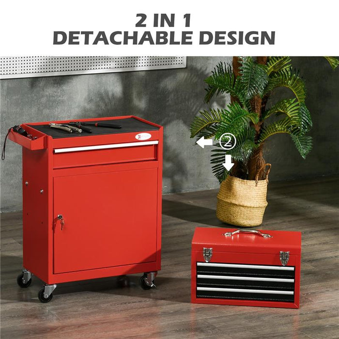 CARRELLO PORTA ATTREZZI 2 IN 1 CON CASSETTA RIMOVIBILE E ARMADIETTO CON CHIAVE IN ACCIAIO, ROSSO