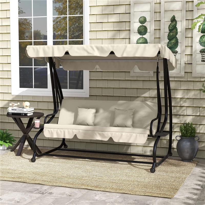 DONDOLO LETTO DA GIARDINO CON TETTUCCIO REGOLABILE E VASSOI, IN ACCIAIO E TESLIN, 200X120X164 CM, CREMA