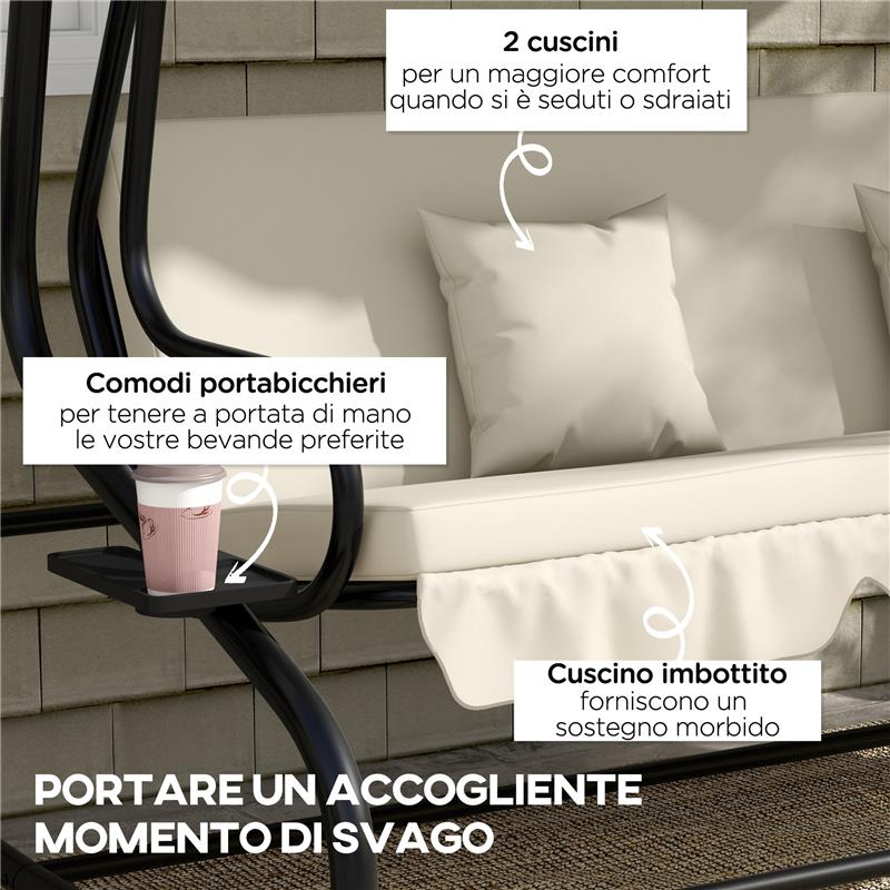 DONDOLO LETTO DA GIARDINO CON TETTUCCIO REGOLABILE E VASSOI, IN ACCIAIO E TESLIN, 200X120X164 CM, CREMA