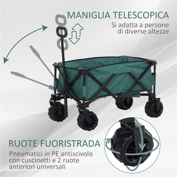 CARRELLO DA GIARDINO CARICO MAX 70KG CON MANIGLIA TELESCOPICA, IN METALLO E TESSUTO OXFORD, 108X55 CM, VERDE