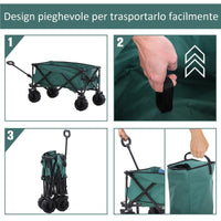 CARRELLO DA GIARDINO CARICO MAX 70KG CON MANIGLIA TELESCOPICA, IN METALLO E TESSUTO OXFORD, 108X55 CM, VERDE