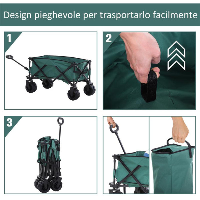 CARRELLO DA GIARDINO CARICO MAX 70KG CON MANIGLIA TELESCOPICA, IN METALLO E TESSUTO OXFORD, 108X55 CM, VERDE