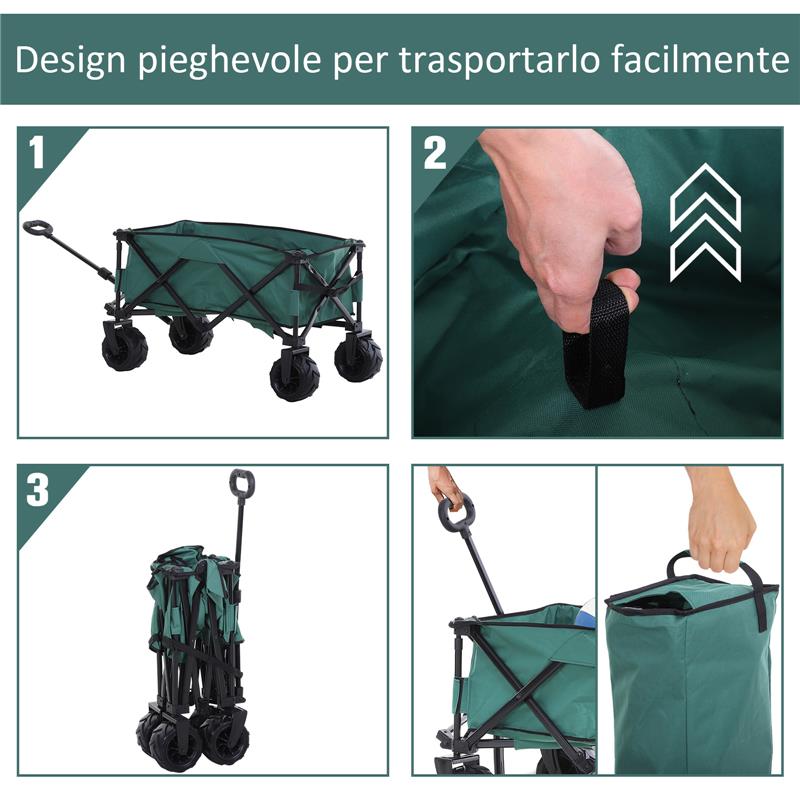 CARRELLO DA GIARDINO CARICO MAX 70KG CON MANIGLIA TELESCOPICA, IN METALLO E TESSUTO OXFORD, 108X55 CM, VERDE