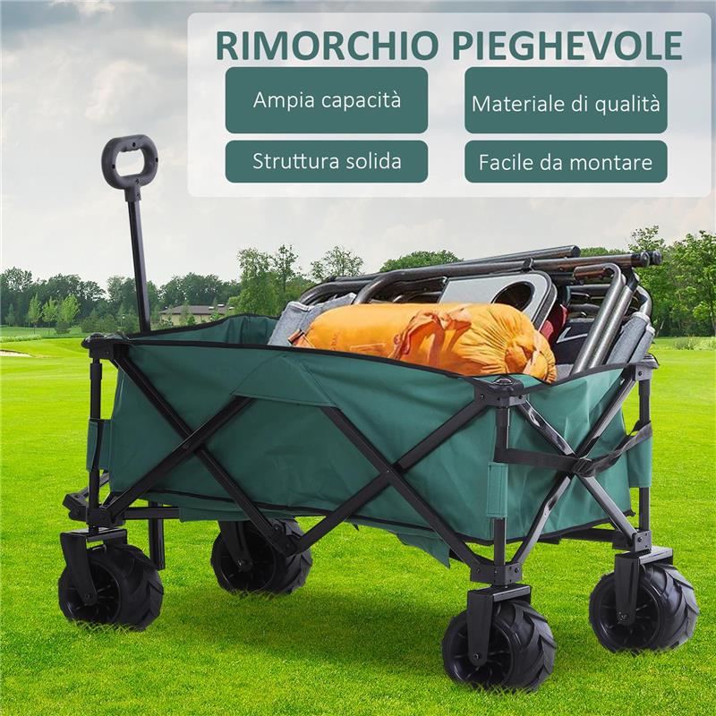 CARRELLO DA GIARDINO CARICO MAX 70KG CON MANIGLIA TELESCOPICA, IN METALLO E TESSUTO OXFORD, 108X55 CM, VERDE