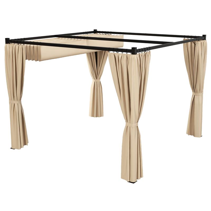 PERGOLA DA GIARDINO CON TETTO RETRATTILE E TENDE, IN METALLO E POLIESTERE, 300X300X227 CM, BEIGE
