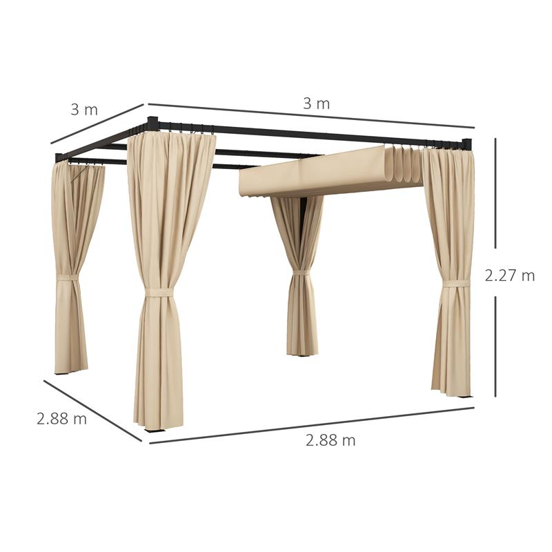 PERGOLA DA GIARDINO CON TETTO RETRATTILE E TENDE, IN METALLO E POLIESTERE, 300X300X227 CM, BEIGE