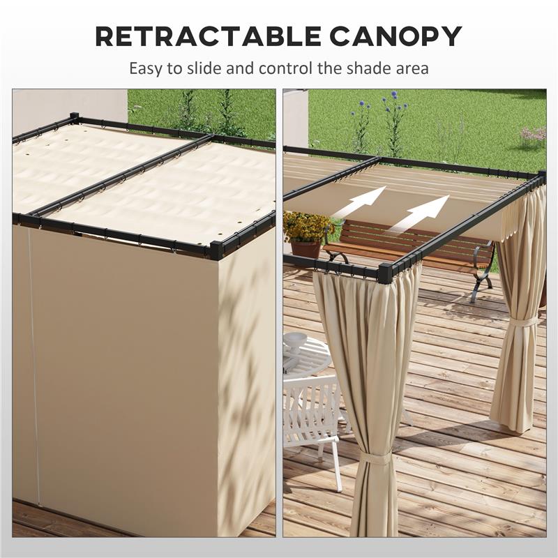 PERGOLA DA GIARDINO CON TETTO RETRATTILE E TENDE, IN METALLO E POLIESTERE, 300X300X227 CM, BEIGE