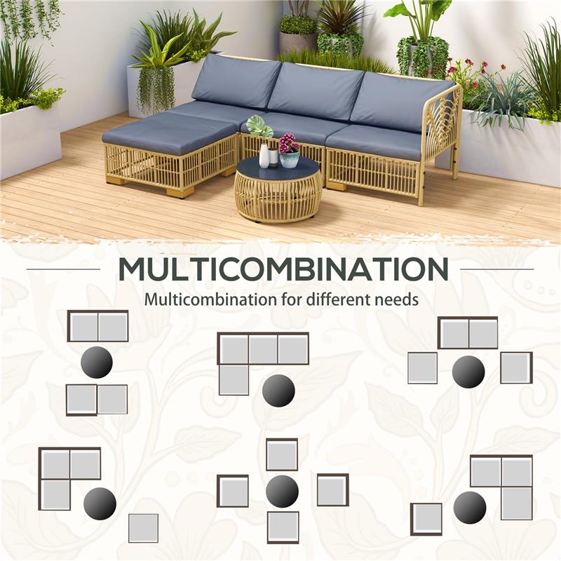 SET SALOTTO IN RATTAN DA GIARDINO CON DIVANO MODULABILE, CUSCINI E TAVOLINO DA CAFFÈ, GRIGIO