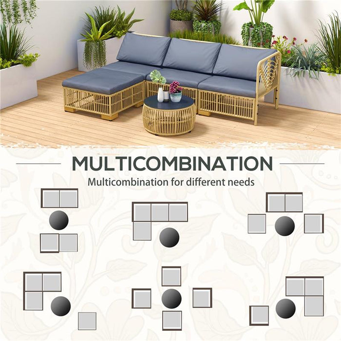 SET SALOTTO IN RATTAN DA GIARDINO CON DIVANO MODULABILE, CUSCINI E TAVOLINO DA CAFFÈ, GRIGIO