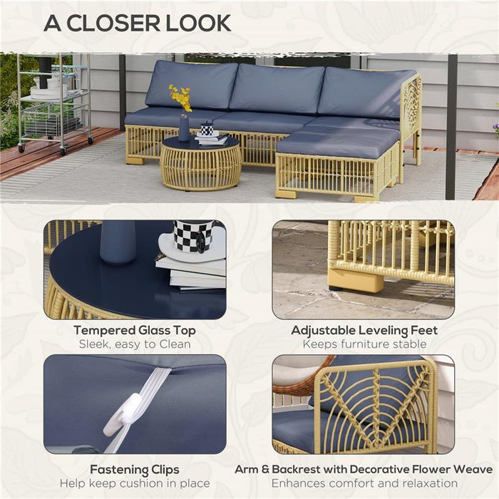 SET SALOTTO IN RATTAN DA GIARDINO CON DIVANO MODULABILE, CUSCINI E TAVOLINO DA CAFFÈ, GRIGIO