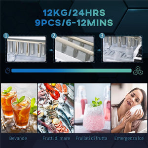 MACCHINA DEL GHIACCIO AUTOPULENTE DA 9 CUBETTI IN 6-12 MINUTI, IN PP E ACCIAIO INOX, 24.2X35.3X33 CM, NERA