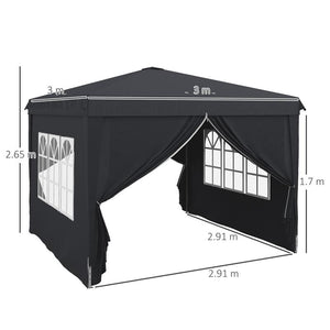 GAZEBO 3X3 AD ALTEZZA REGOLABILE CON FORI DI DRENAGGIO E BORSA DA TRASPORTO, IN METALLO, GRIGIO