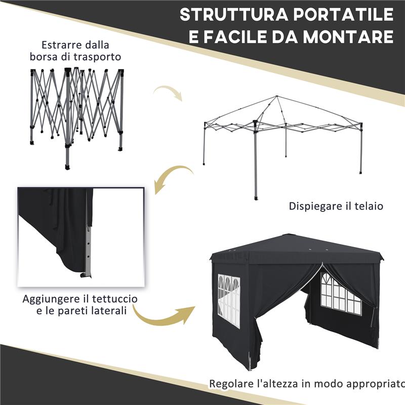GAZEBO 3X3 AD ALTEZZA REGOLABILE CON FORI DI DRENAGGIO E BORSA DA TRASPORTO, IN METALLO, GRIGIO